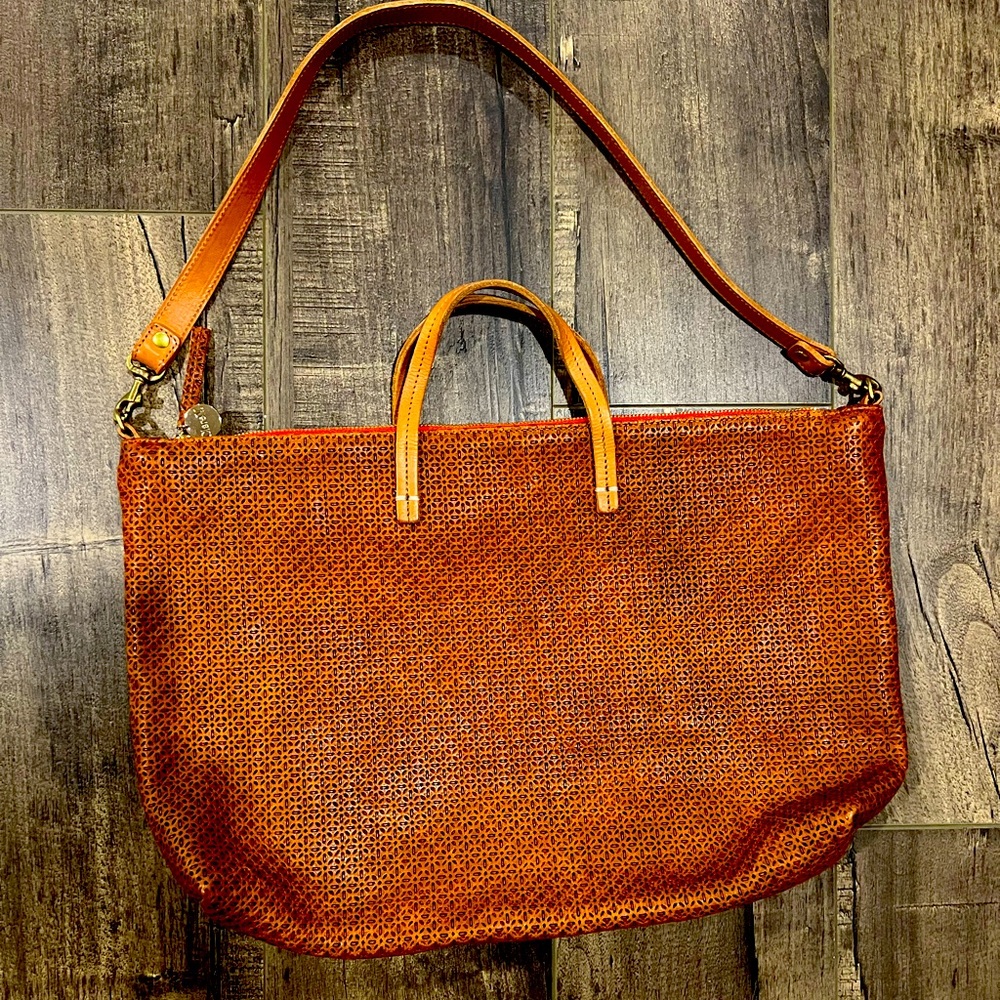 Clare V tote with shoulder strap brown texture leather